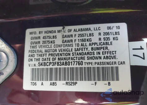 2010 Honda Accord 3.5 Ex-L z USA, uszkodzony, nr VIN 5KBCP3F83AB017760